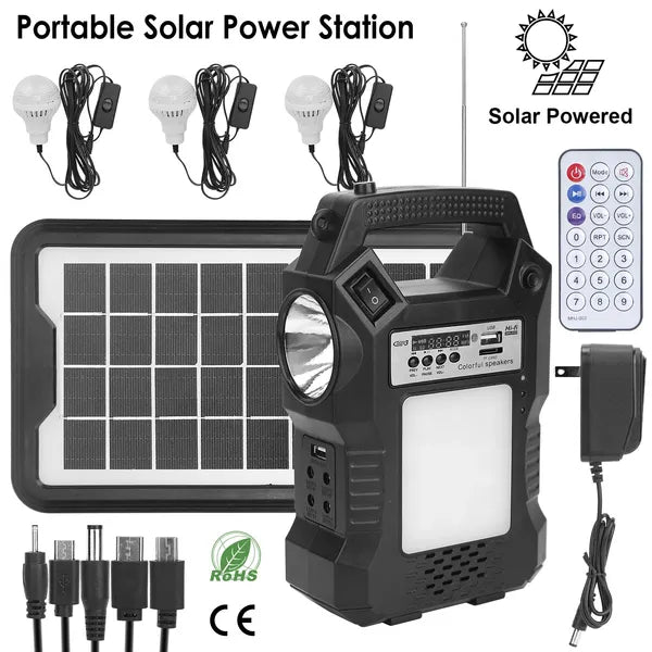 Portable Solar Power Station Rechargeable Backup Power Bank W/Flashlight 3 Lighting Bulbs For Camping Outage Garden Lamp