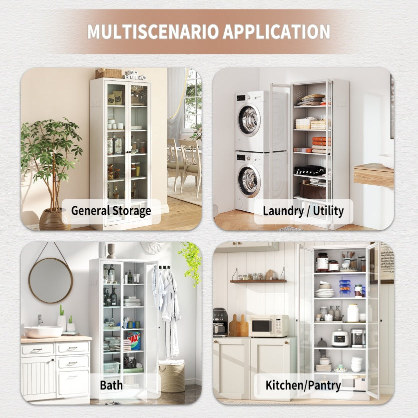 Metal Kitchen Pantry Cabinet -  Tall Storage With 5 Adjustable Shelves, White Freestanding Cabinet For Kitchen Pantry Bathroom