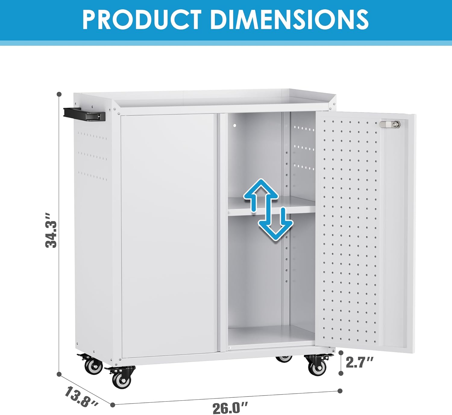 Metal Storage Cabinet With 2 Doors And 4 Hooks,Top Workbench Mobile Tool Chests Garage Cabinets With 4 Wheels And Lock Push Arm For Home,Office,Shop White