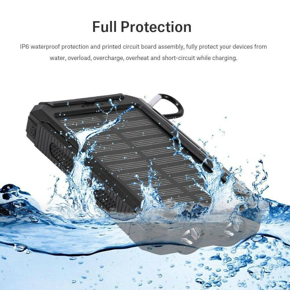 Solar Power Bank Waterproof 2USB LED Battery Charger For Cell Phone