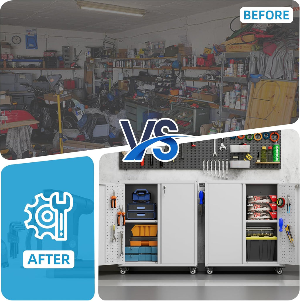 Metal Storage Cabinet With 2 Doors And 4 Hooks,Top Workbench Mobile Tool Chests Garage Cabinets With 4 Wheels And Lock Push Arm For Home,Office,Shop White