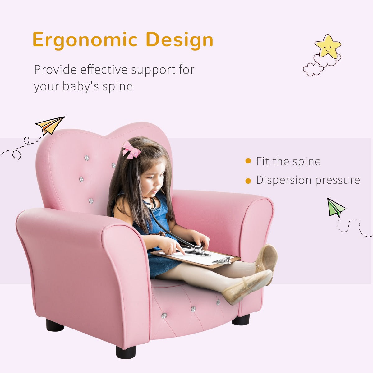 Kids Sofa Toddler Tufted Upholstered Sofa Chair Princess Couch Furniture with Diamond Decoration for Preschool Child, Pink