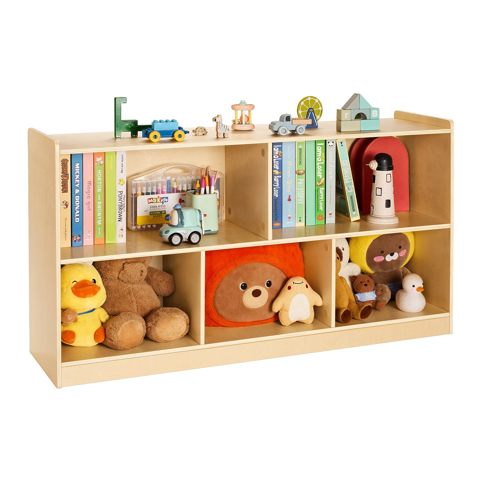 Montessori Bookshelf, 45 In Width Toy Storage Organizer, 5-Section Kids Display Storage Cabinet, Daycare Furniture, Kids Bookshelf For Bedroom, Nursery, Living Room, Entryway, Preschool, Brown