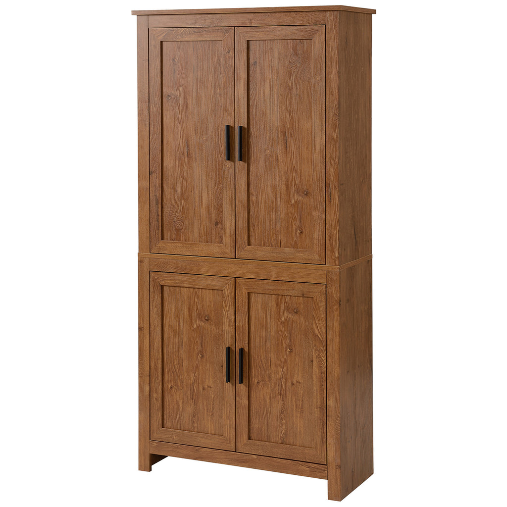 64" 4-Door Kitchen Pantry, Freestanding Storage Cabinet with 3 Adjustable Shelves for Kitchen, Oak