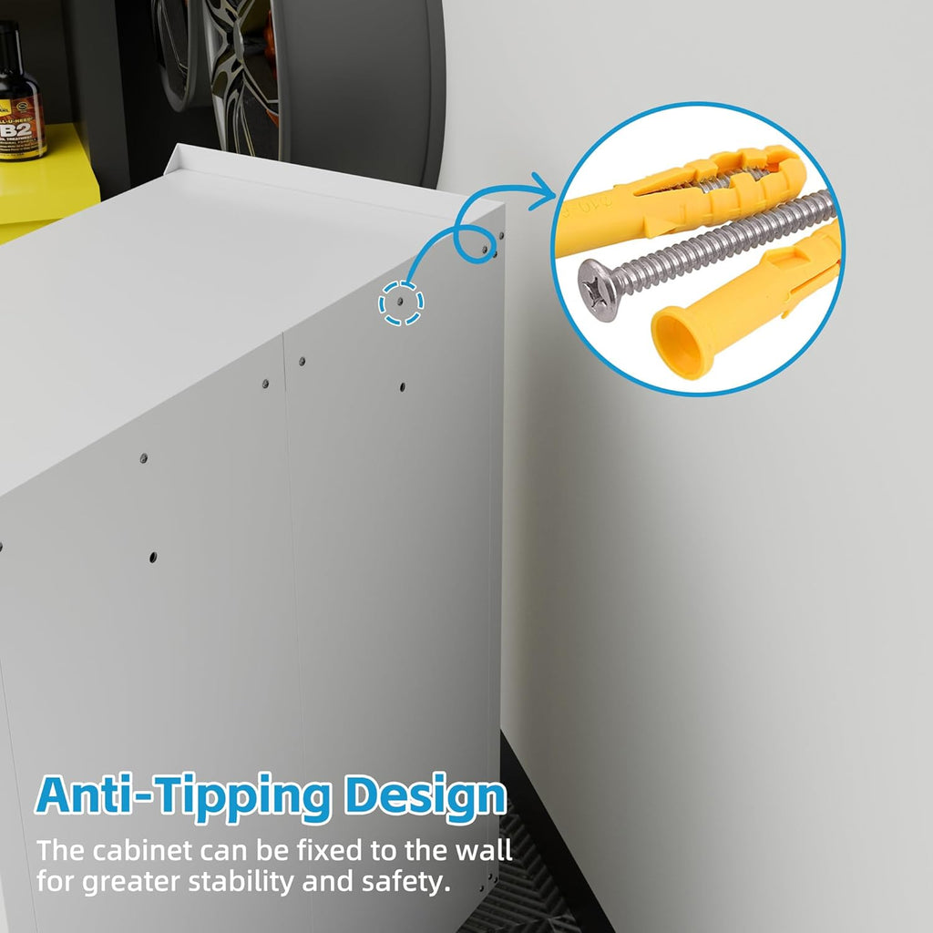 Metal Storage Cabinet With 2 Doors And 4 Hooks,Top Workbench Mobile Tool Chests Garage Cabinets With 4 Wheels And Lock Push Arm For Home,Office,Shop White