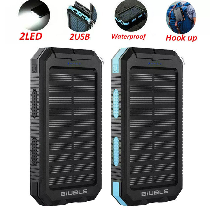 Solar Power Bank Waterproof 2USB LED Battery Charger For Cell Phone