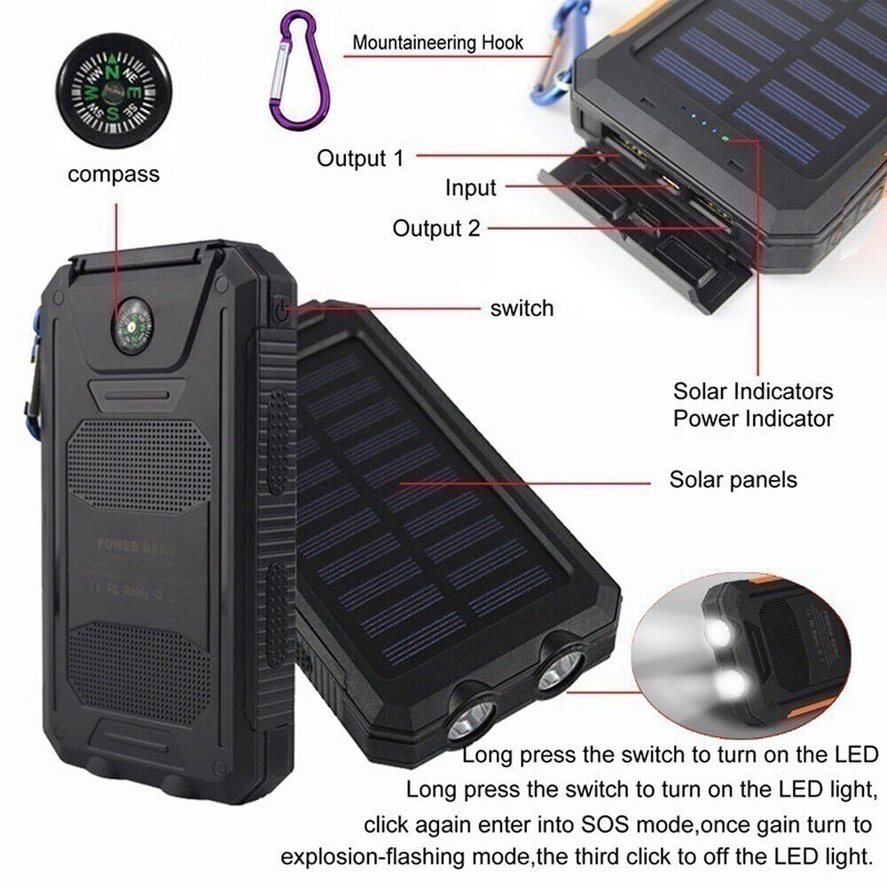 Solar Power Bank Waterproof 2USB LED Battery Charger For Cell Phone