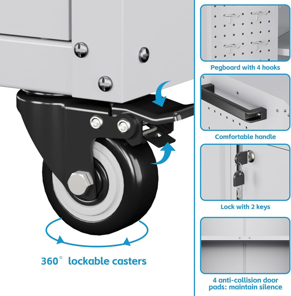 Metal Storage Cabinet With 2 Doors And 4 Hooks,Top Workbench Mobile Tool Chests Garage Cabinets With 4 Wheels And Lock Push Arm For Home,Office,Shop White