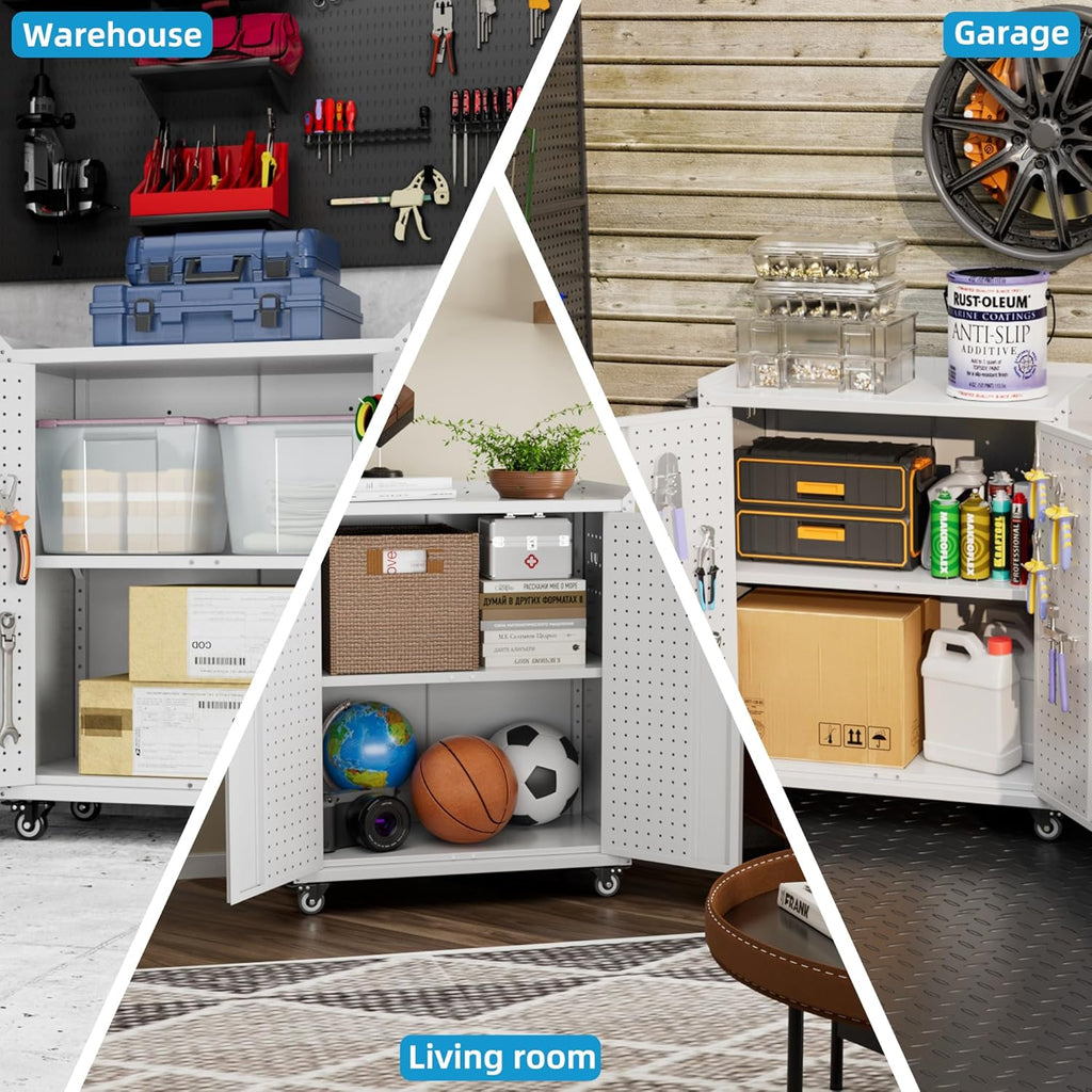 Metal Storage Cabinet With 2 Doors And 4 Hooks,Top Workbench Mobile Tool Chests Garage Cabinets With 4 Wheels And Lock Push Arm For Home,Office,Shop White