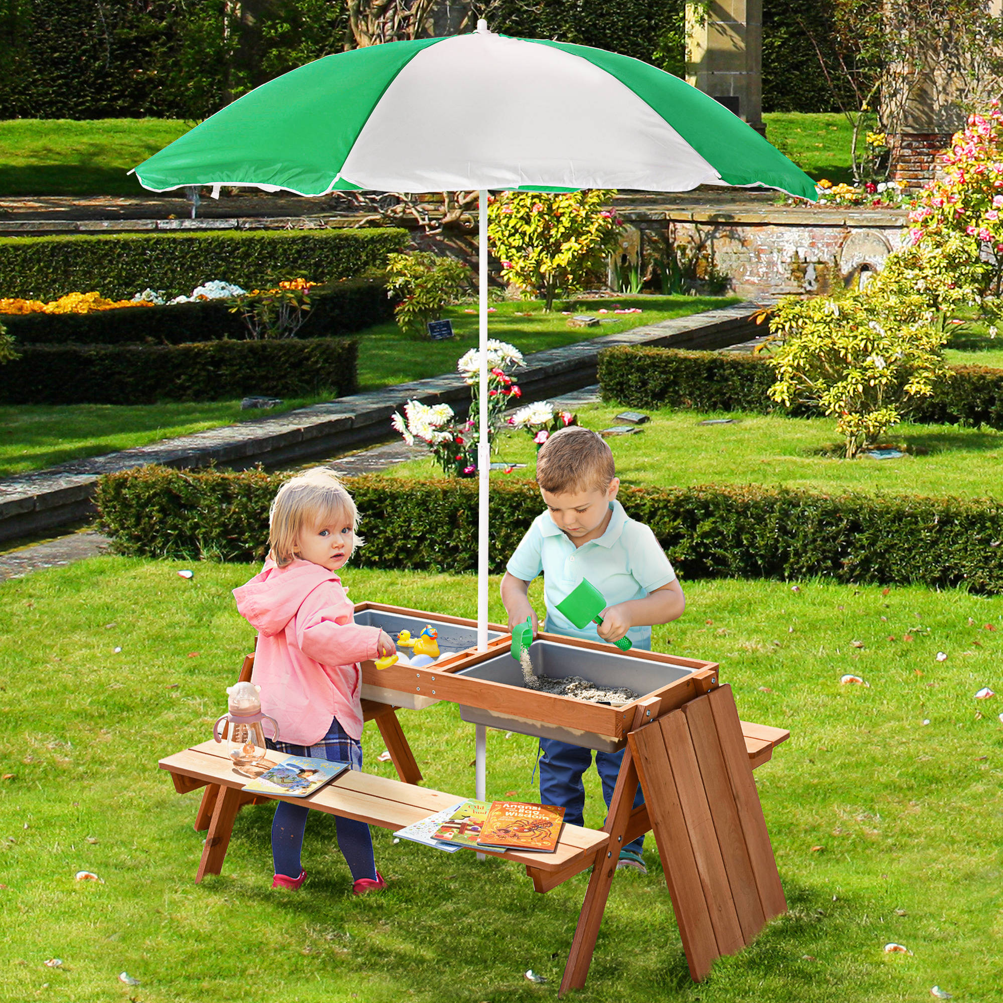 Kids 3 in 1 Sand and Water Table, Wooden Outdoor Convertible Picnic Table with Umbrella and Storage Inside, Bench Backyard Furniture for Garden, Patio, or Balcony
