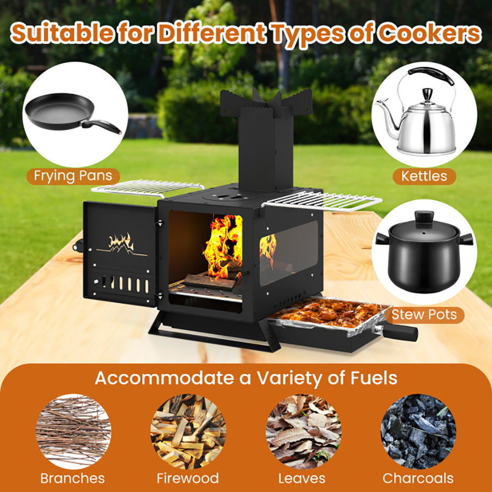 Portable Wood Burning Stove Mini Heater Burner With Pot Rack Oven Pan