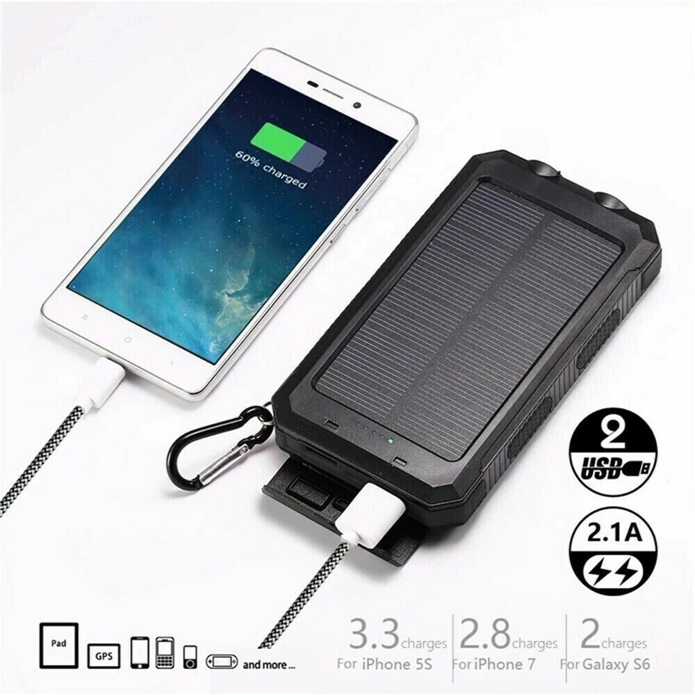 Solar Power Bank Waterproof 2USB LED Battery Charger For Cell Phone