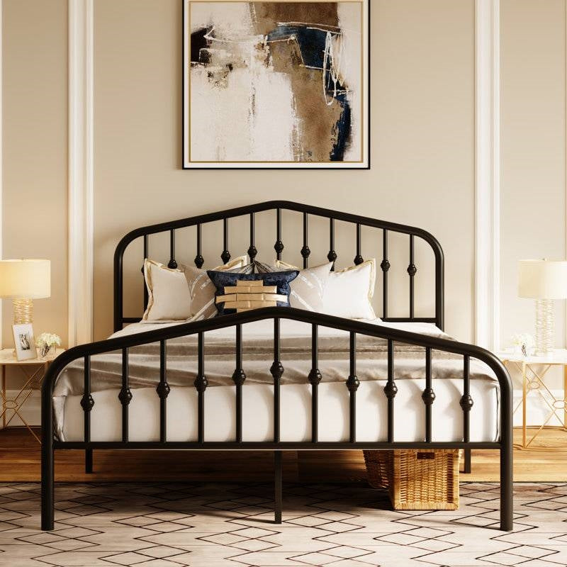 Queen Farmhouse Spindle Black Metal Platform Bed Frame with Headboard Footboard