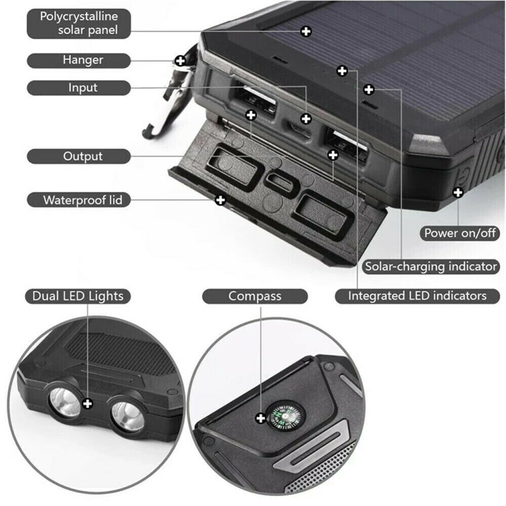 Solar Power Bank Waterproof 2USB LED Battery Charger For Cell Phone