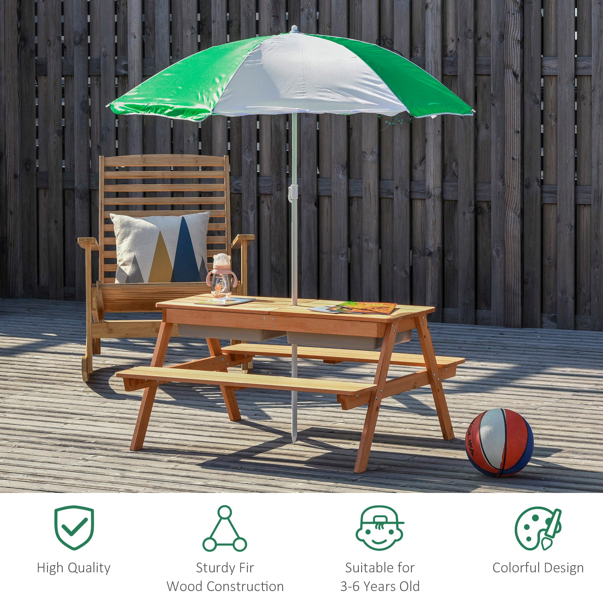 Kids 3 in 1 Sand and Water Table, Wooden Outdoor Convertible Picnic Table with Umbrella and Storage Inside, Bench Backyard Furniture for Garden, Patio, or Balcony