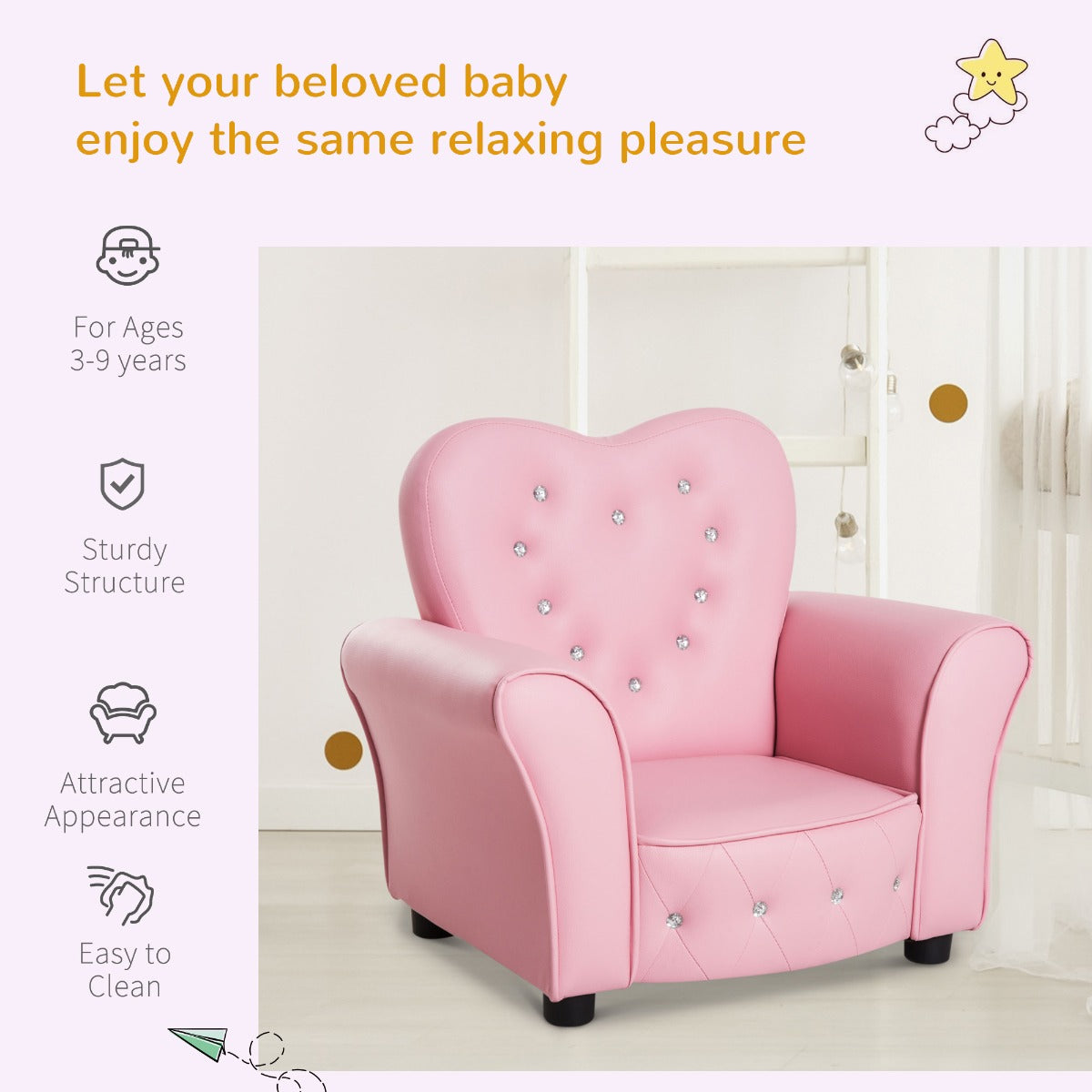 Kids Sofa Toddler Tufted Upholstered Sofa Chair Princess Couch Furniture with Diamond Decoration for Preschool Child, Pink