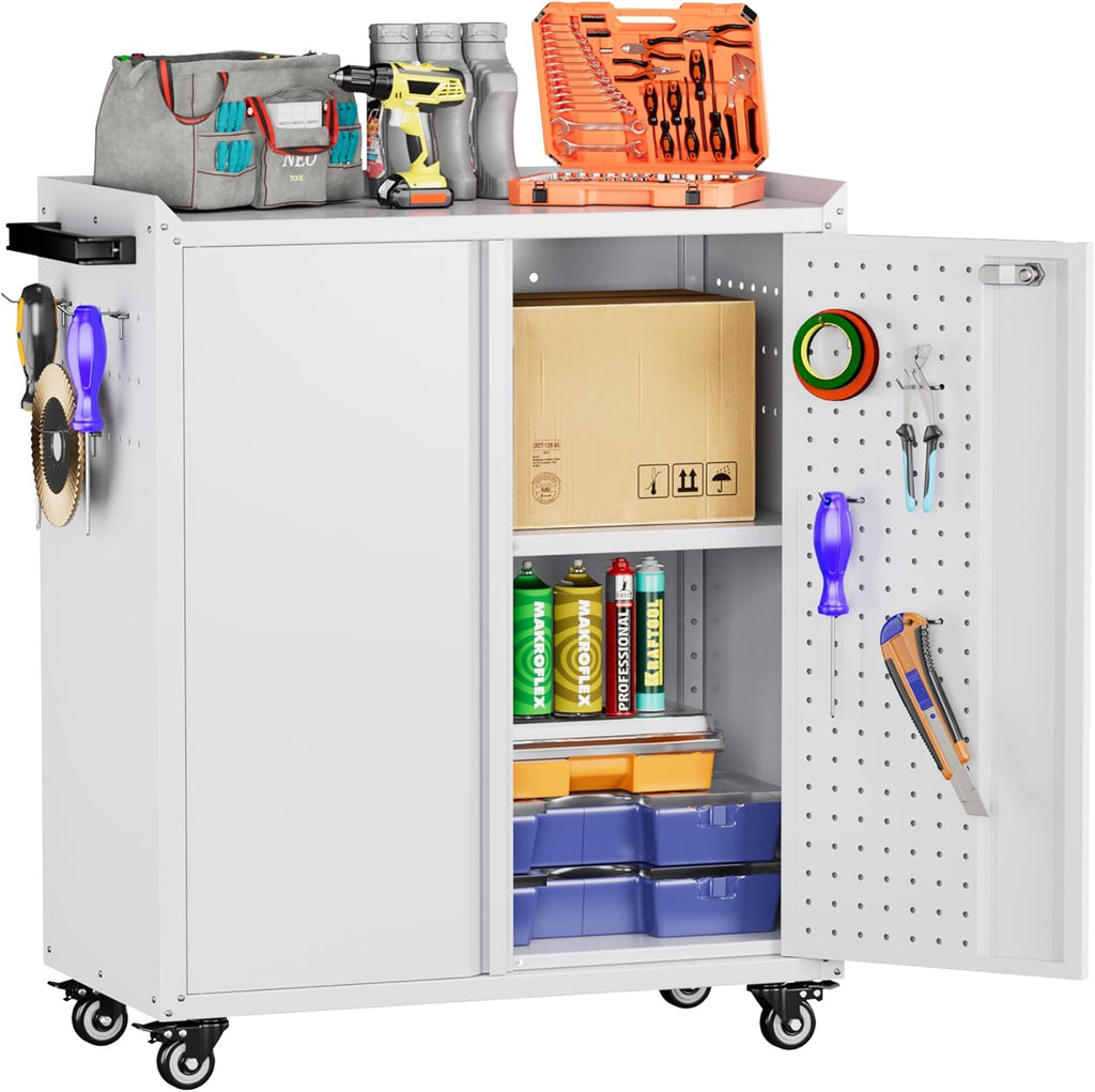 Metal Storage Cabinet With 2 Doors And 4 Hooks,Top Workbench Mobile Tool Chests Garage Cabinets With 4 Wheels And Lock Push Arm For Home,Office,Shop White
