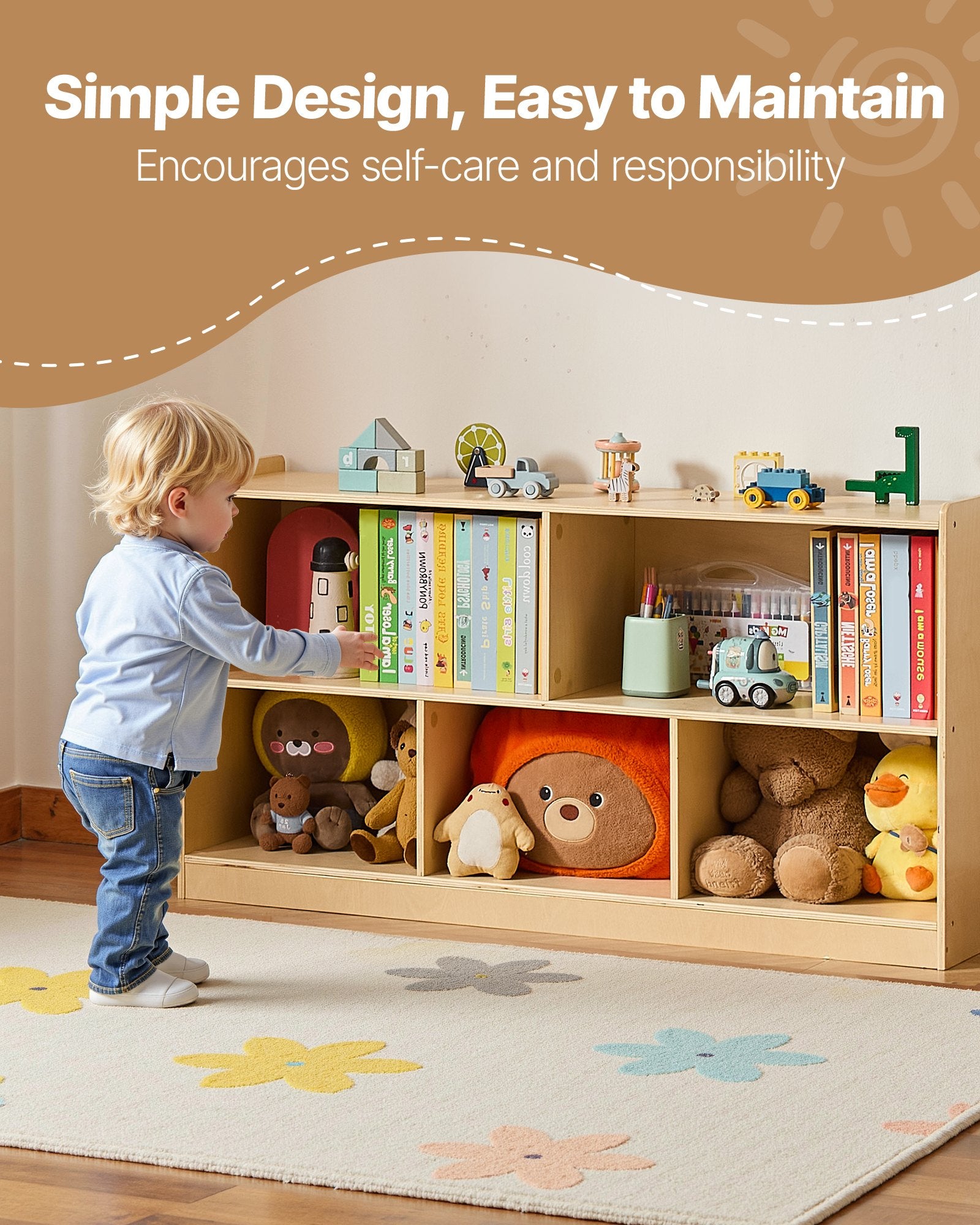 Montessori Bookshelf, 45 In Width Toy Storage Organizer, 5-Section Kids Display Storage Cabinet, Daycare Furniture, Kids Bookshelf For Bedroom, Nursery, Living Room, Entryway, Preschool, Brown