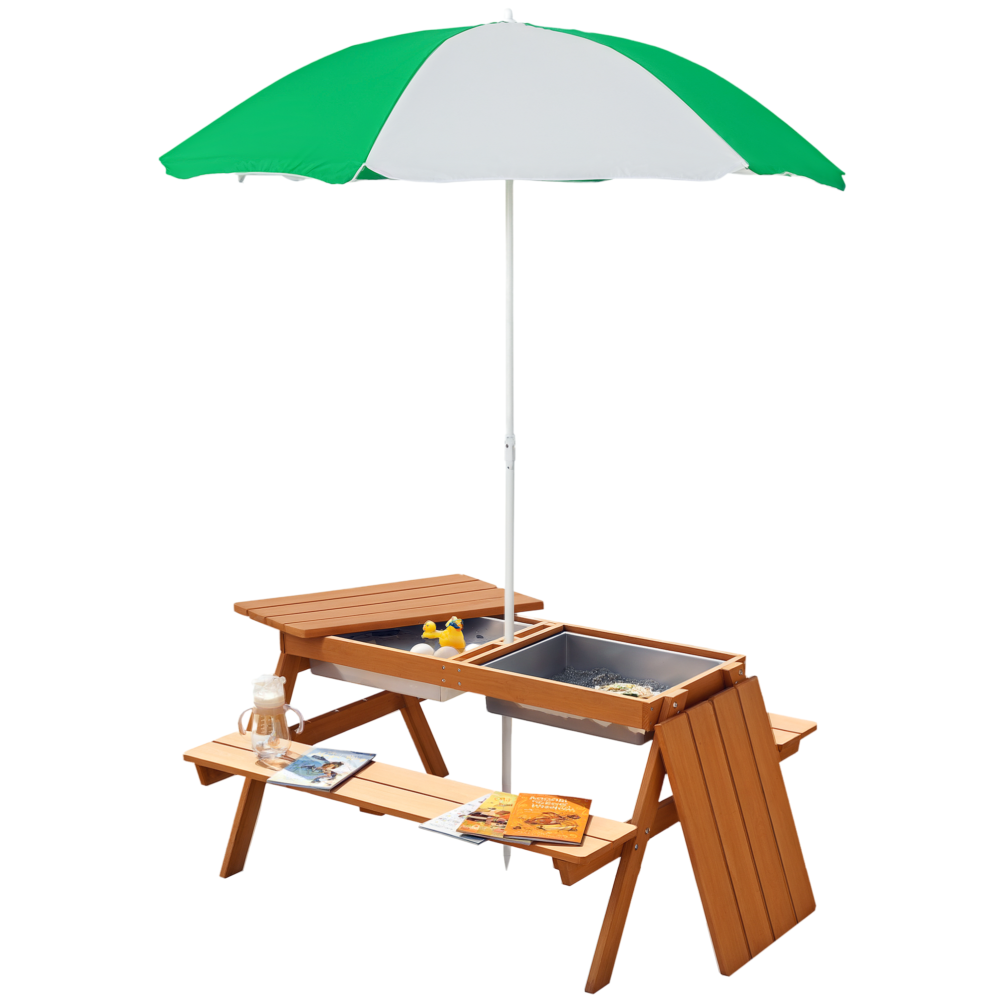 Kids 3 in 1 Sand and Water Table, Wooden Outdoor Convertible Picnic Table with Umbrella and Storage Inside, Bench Backyard Furniture for Garden, Patio, or Balcony
